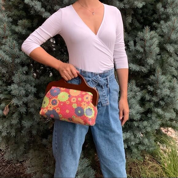 Handmade Large Genuine Cowhide Embossed Patent Wood Frame Bag & 2 Strap Styles - Picture 4 of 15